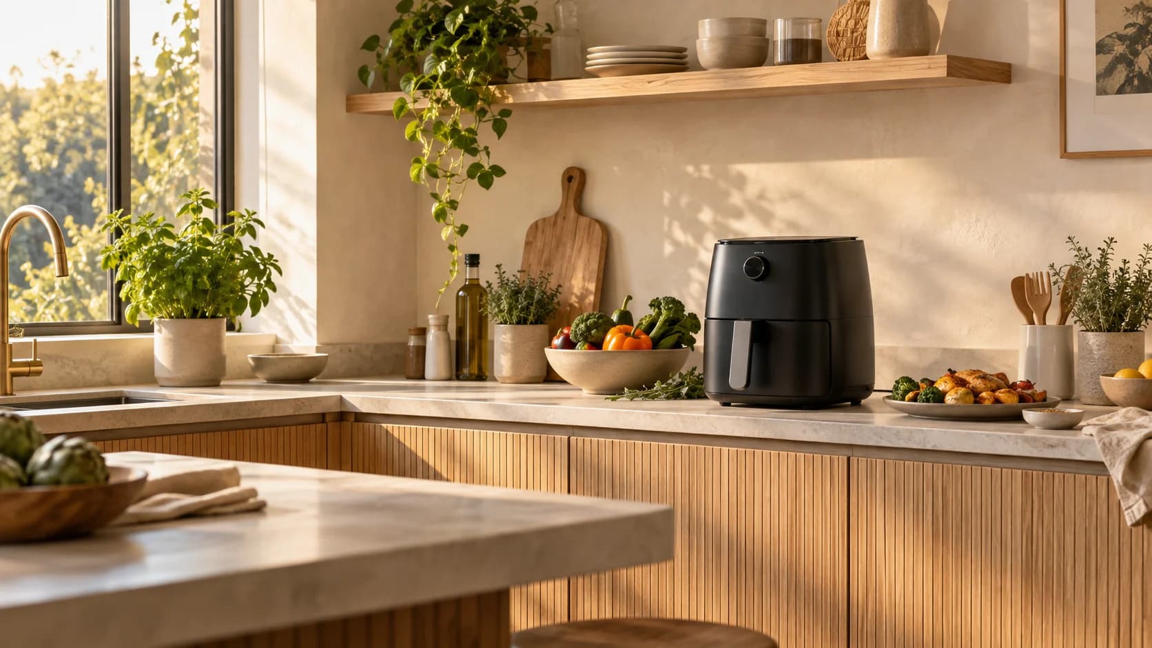 Warm kitchen with an unbranded air fryer on a sunlit counter